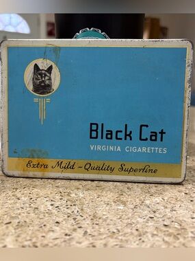 Black Cat Vintage-Style Wall Tin Sign in Blue and Cream 1940-1950s